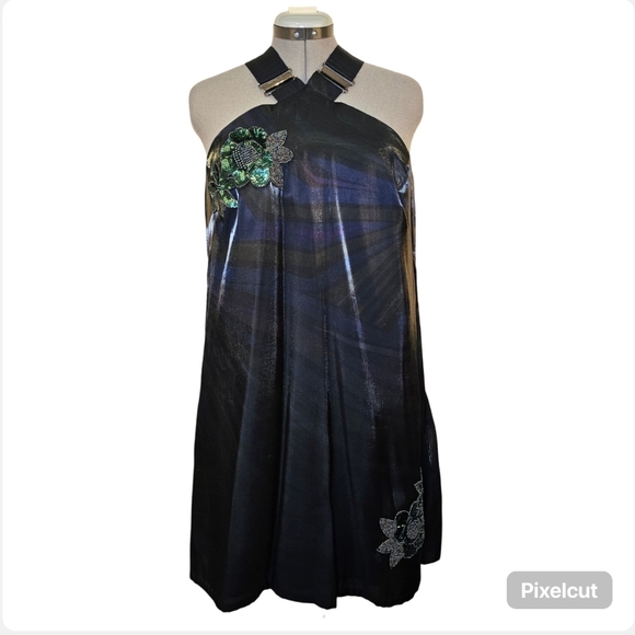 Custom handmade purple green metallic tafetta halter tent midi dress size 12 US - Picture 1 of 6